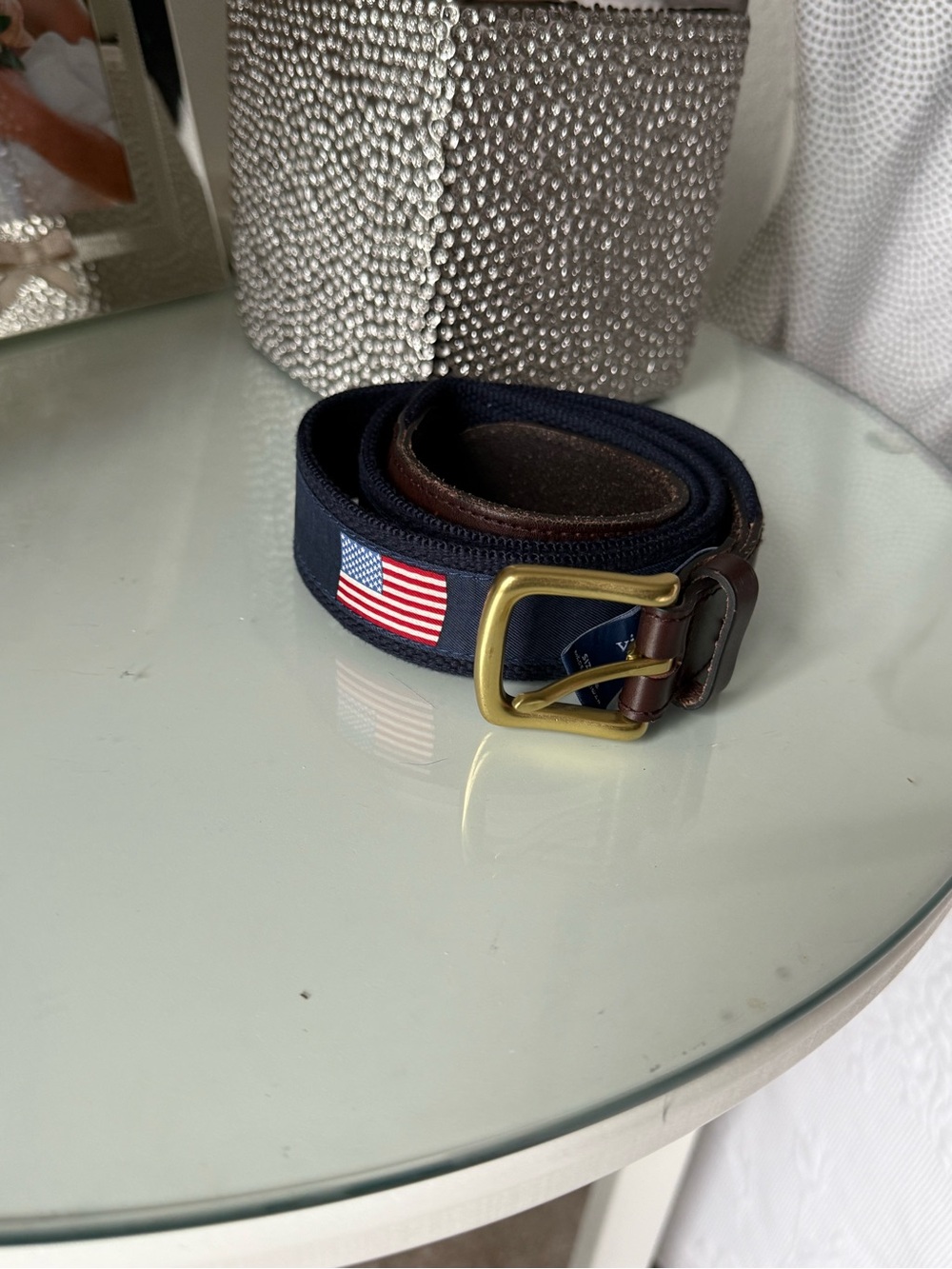 Polo by Ralph Lauren Navy Flag Webbing Belt with Brass Buckle 38